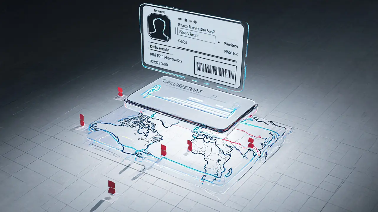 Layered wallet interface with identity, transaction, and sanctions map layers connected by data pathways.
