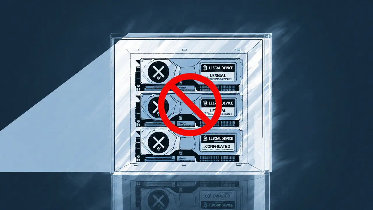 Miner rig with crossed-out crypto tokens in transparent case marked &#039;Confiscated 2025&#039;.