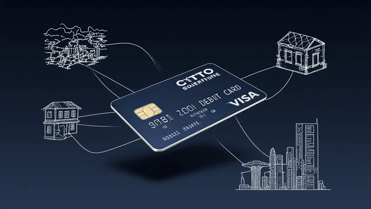 Minimalist crypto debit card connected to global financial symbols