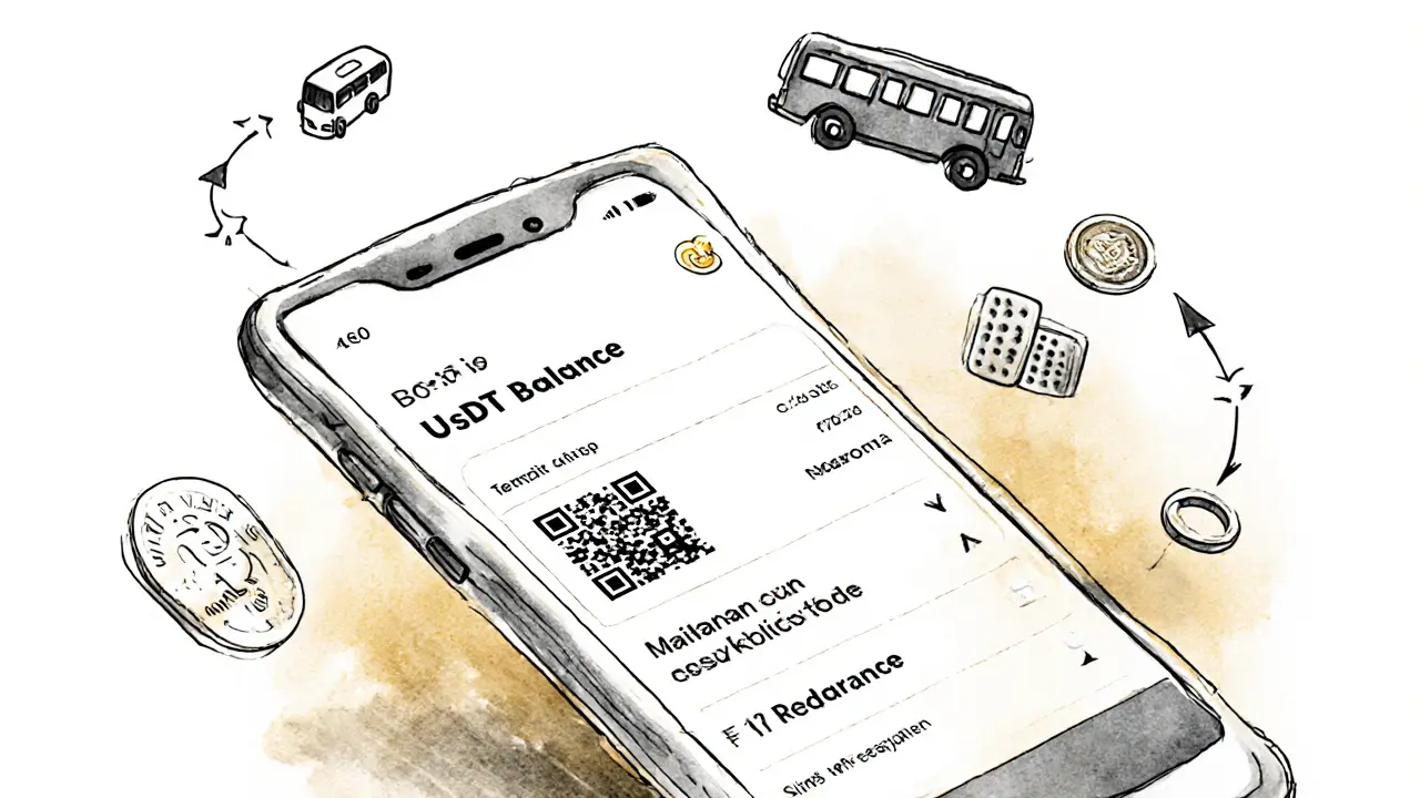 Minimalist digital wallet interface for paying transit and services with USDT, no text.