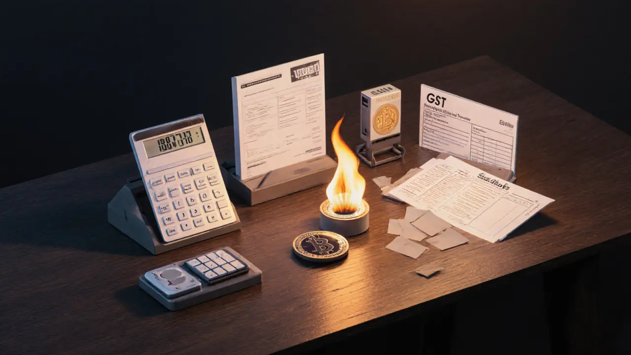 Minimalist toolkit of crypto tax compliance tools including spreadsheet, calculator, and burning tax form