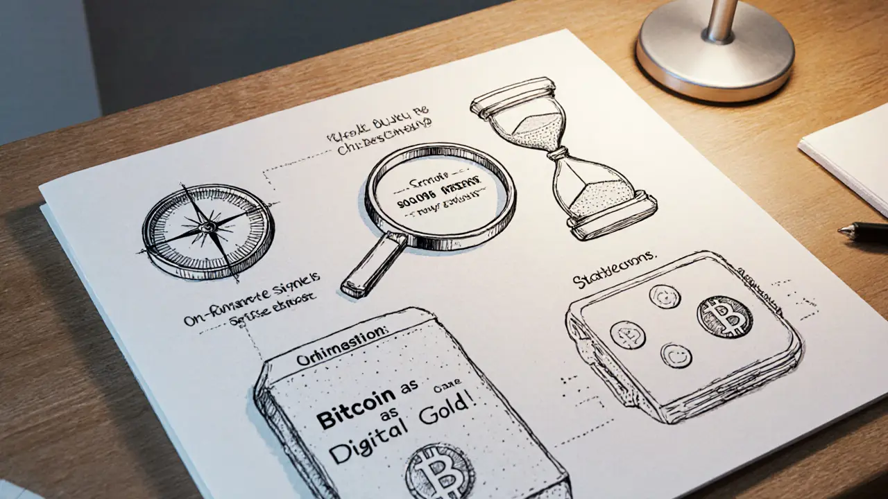 Minimalist toolkit with compass, magnifying glass, hourglass, and vault representing crypto investment signals and strategy.