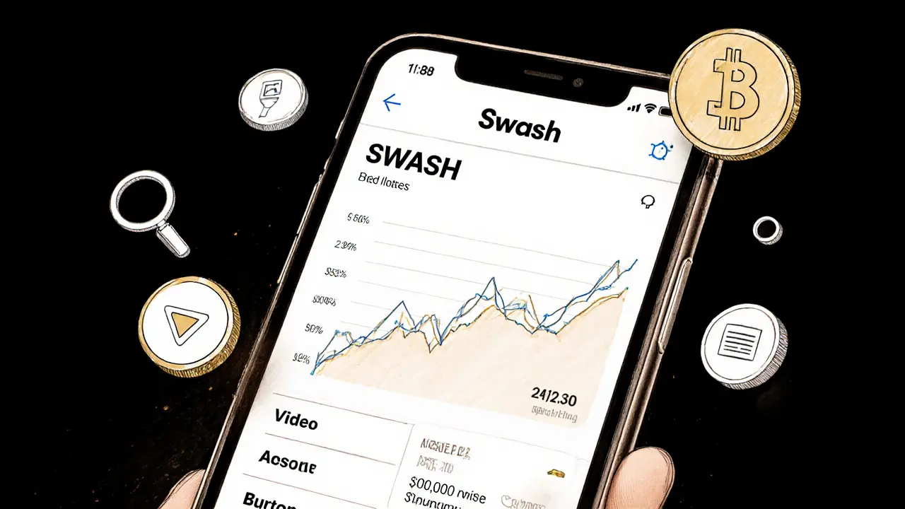 Mobile phone showing Swash app dashboard with earnings and browsing activity icons.