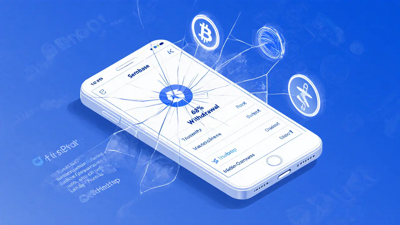 Mobile screen showing missing Serenity app icon among glowing competitors, with withdrawal delay warnings.