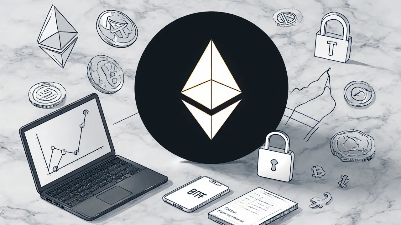 Modular crypto toolkit with phone, laptop, recovery card, and token icons on marble surface