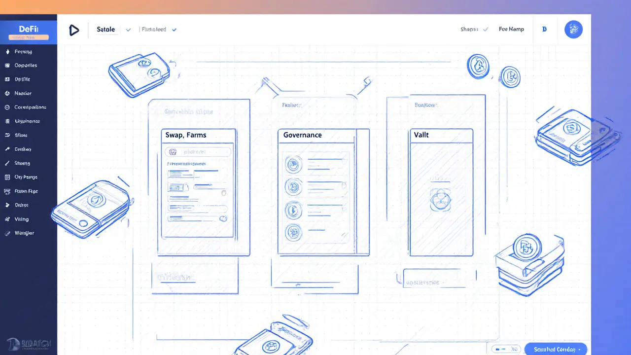 Modular DeFi dashboard with five clean panels labeled Swap, Farms, Vault, Governance, and StableSwap.