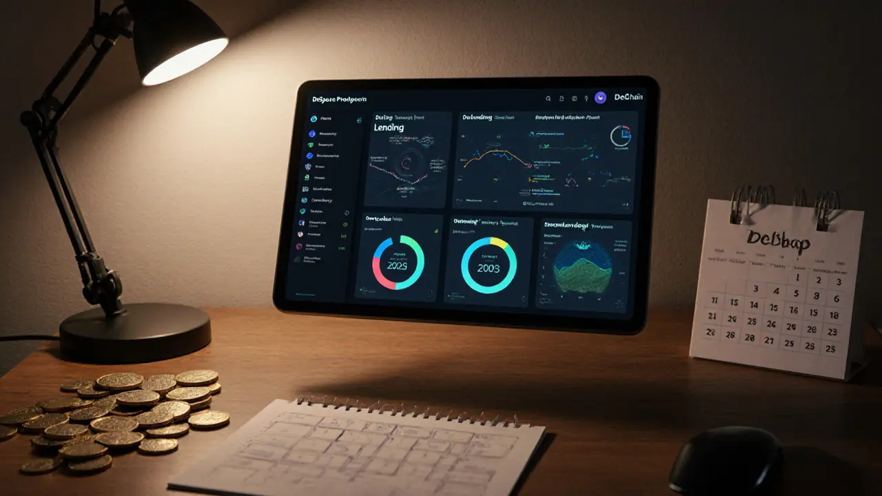 Modular DeSpace dashboard device on wooden desk with marked calendar