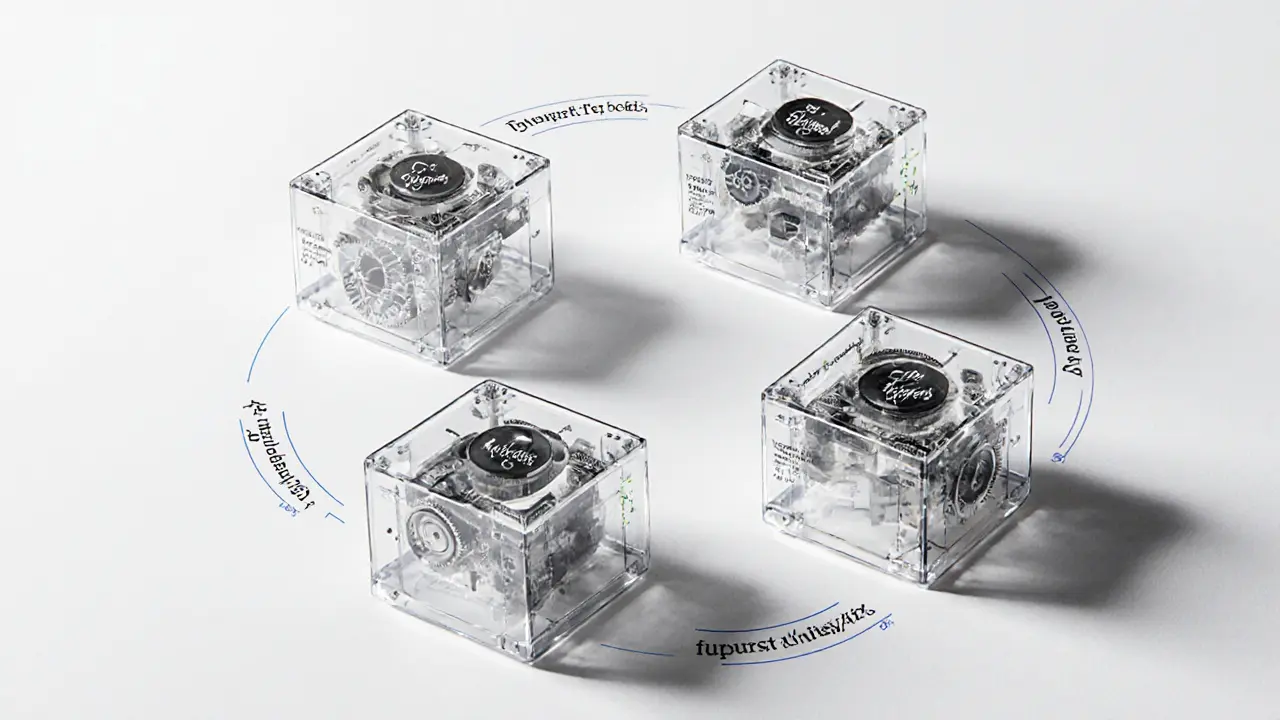 Modular toolkit with four interlocking financial hedge components in precise design.