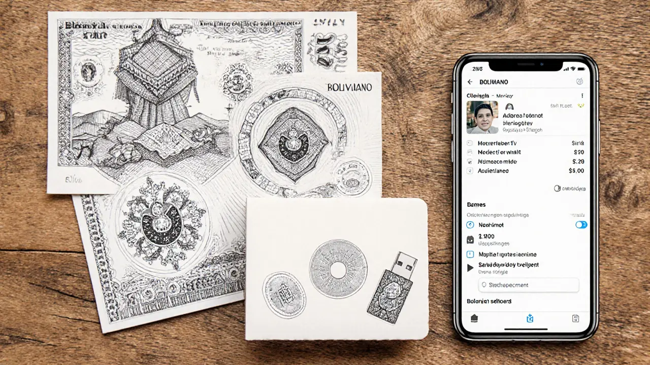 Portable crypto security kit with seed card, USB wallet, and safety guide in Andean design.