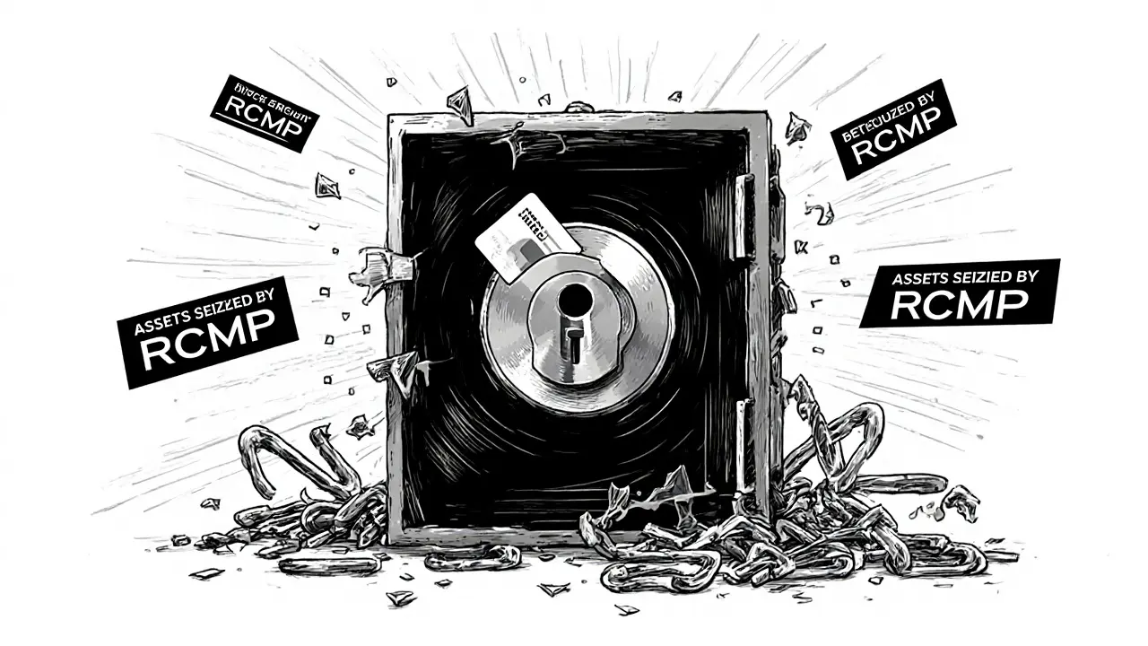 Sealed vault with crypto keycard and &#039;Assets Seized by RCMP&#039; blockchain message.