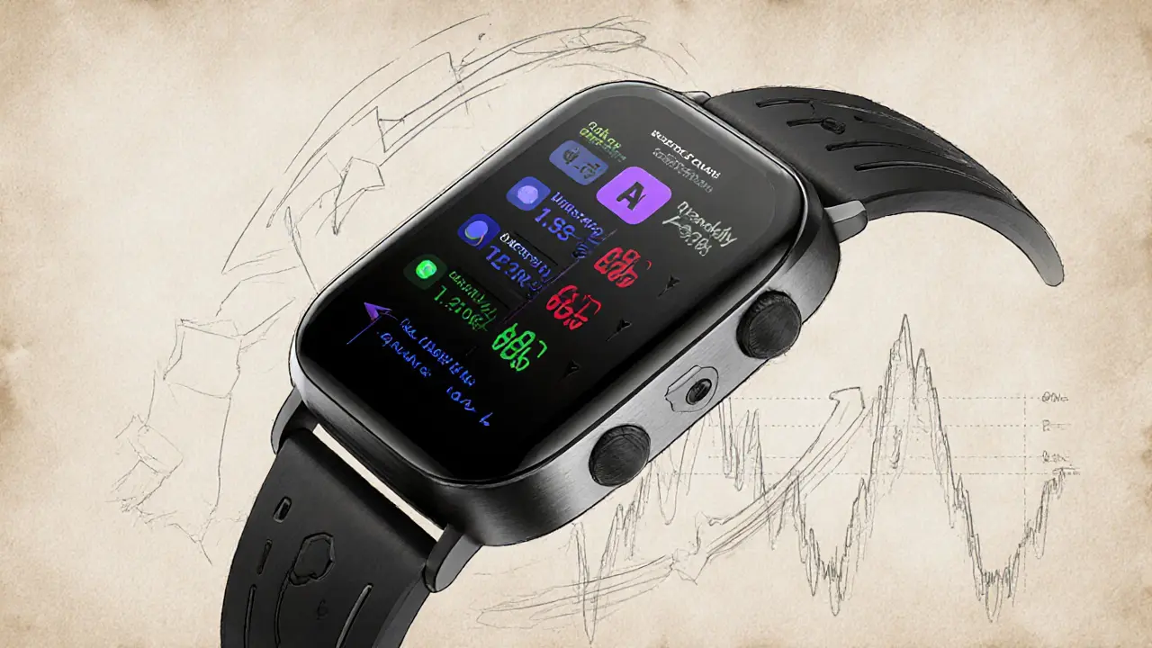 Sleek wearable device with indicators for crypto hedging tools in matte black metal.