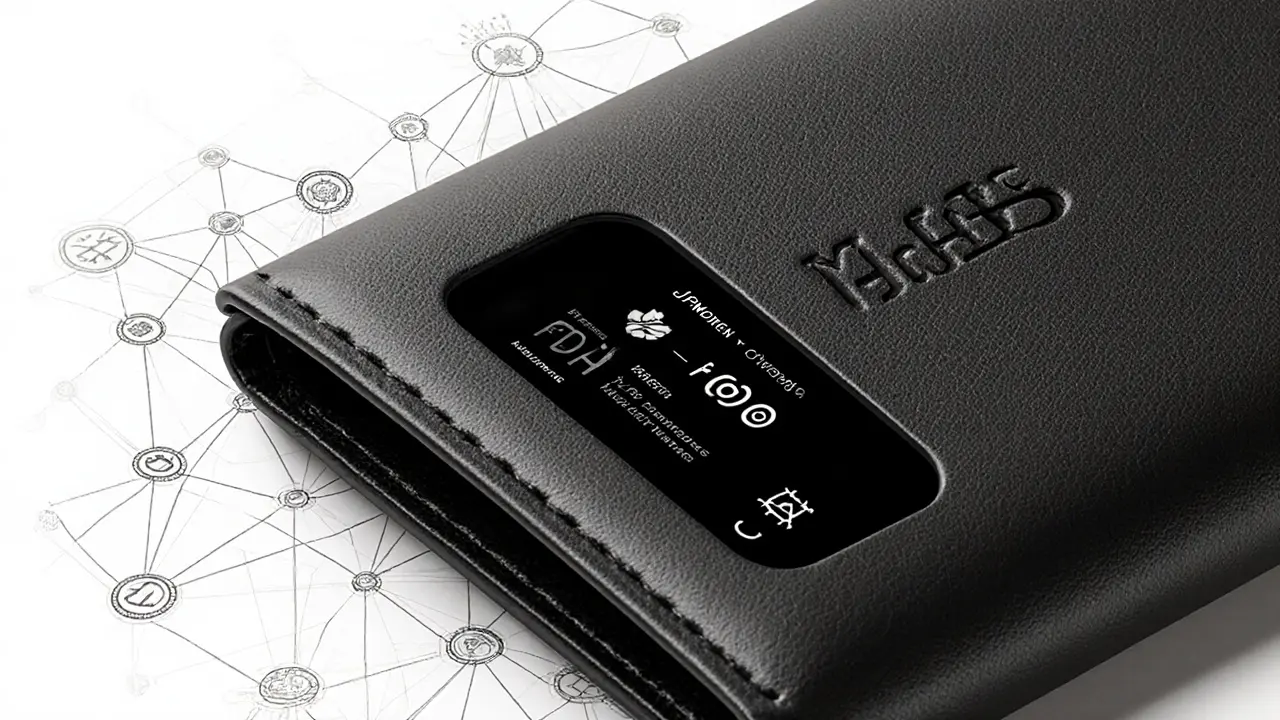 Slim bank-issued stablecoin wallet with e-ink display and embedded blockchain node patterns.