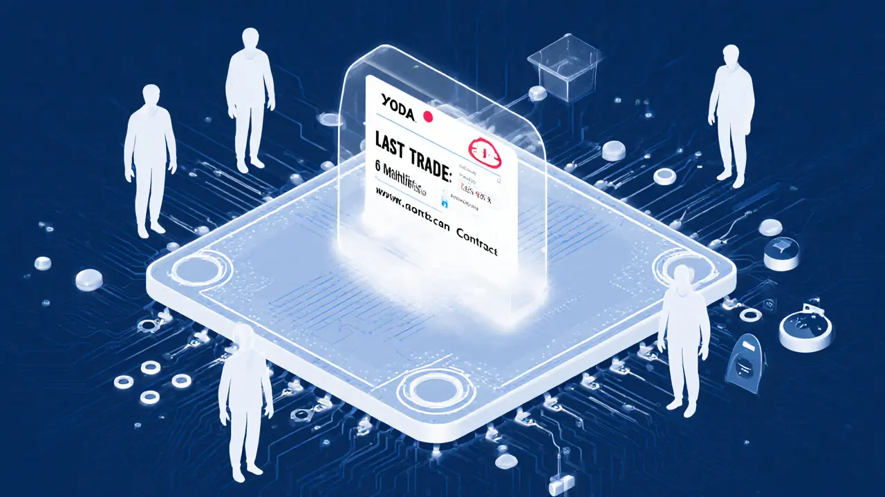 Solana circuit board with one frozen YODA transaction, ghostly bots around it.