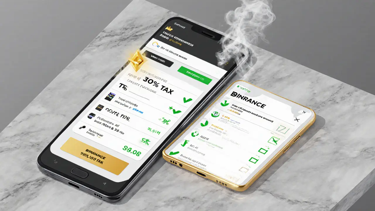 Split-screen design comparing Indian crypto exchange with high taxes versus offshore platform with no taxes