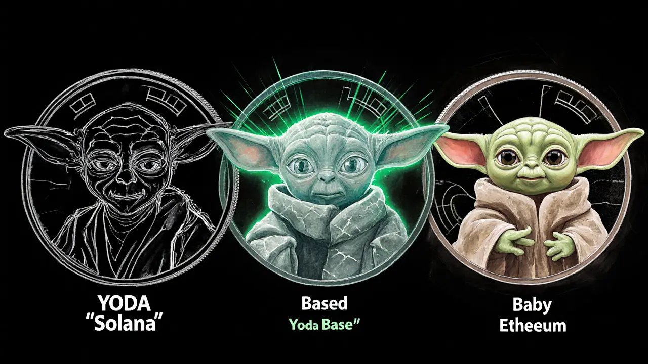 Three meme coin prototypes: YODA is dull and cracked, Baby Yoda glows with activity.