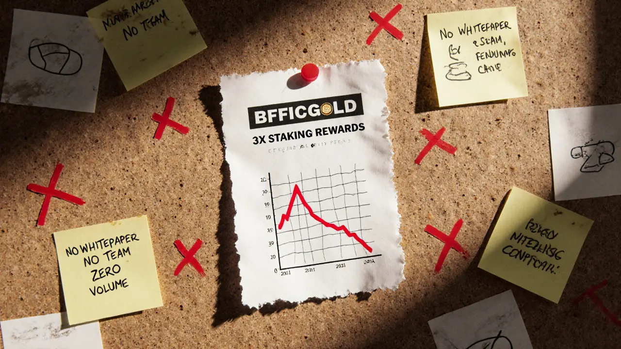 Torn prototype card with false staking claims pinned to a board marked with red X&#039;s and notes.