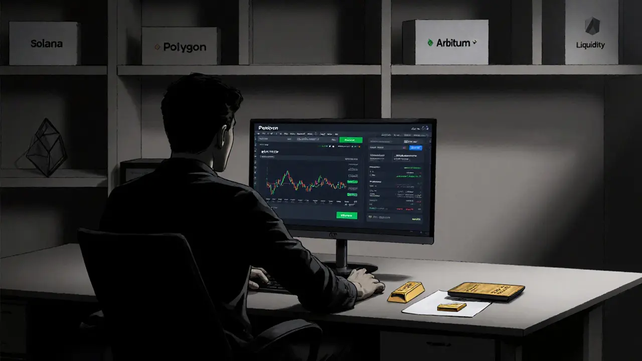 Trader at desk facing sparse trading interface, empty boxes behind labeled with missing coins.