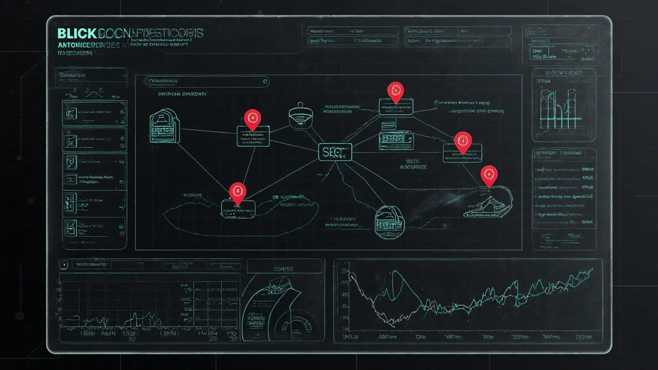 Transparent blockchain dashboard showing traced transactions and seizure markers.