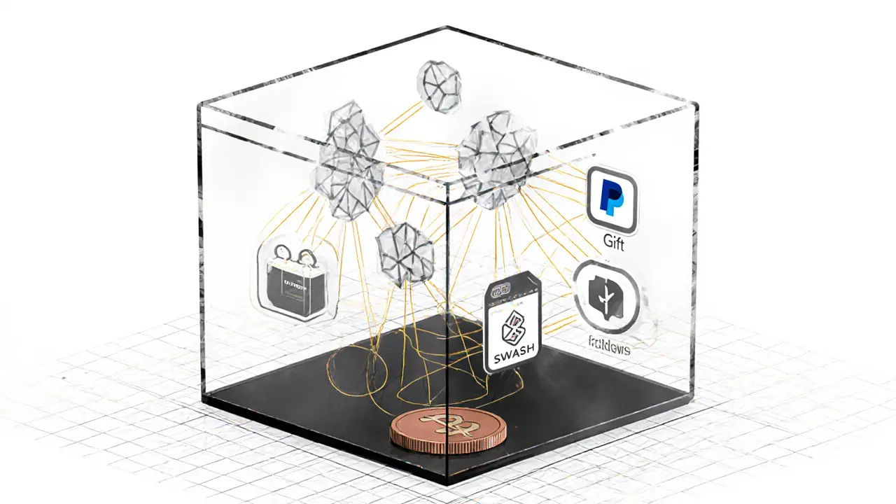 Transparent cube of anonymized data connected to withdrawal options, drawn in technical sketch style.