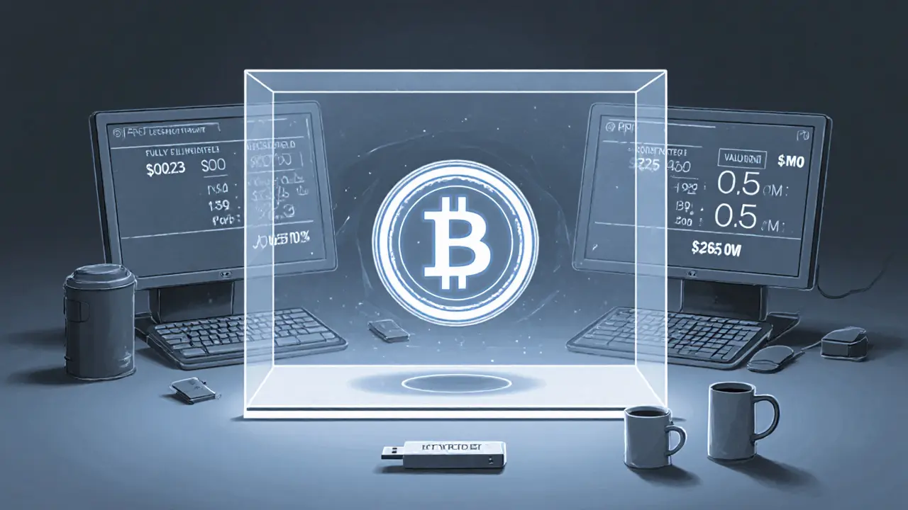 Transparent ghost token in empty display case surrounded by dead devices and conflicting price labels.