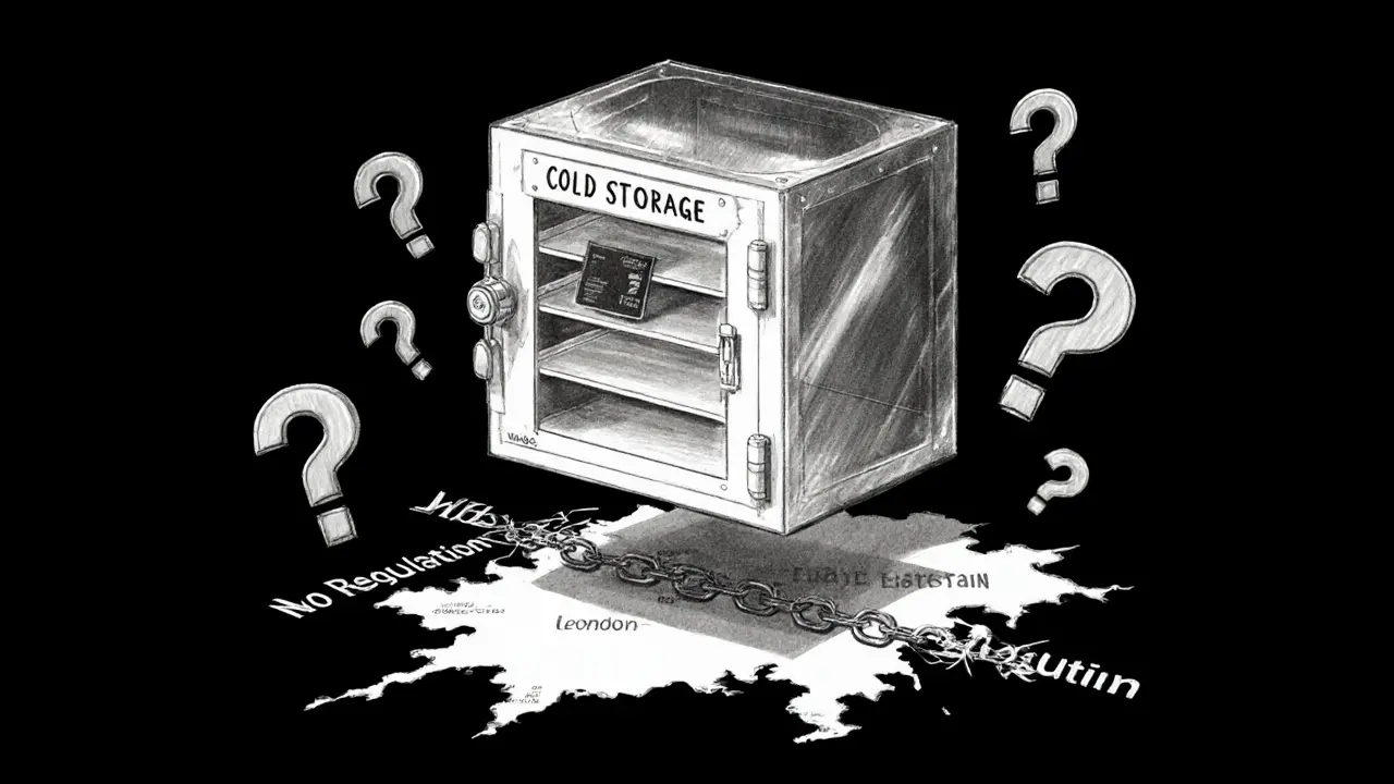 Transparent vault with empty shelves and broken chain, representing lack of regulation and lost funds.