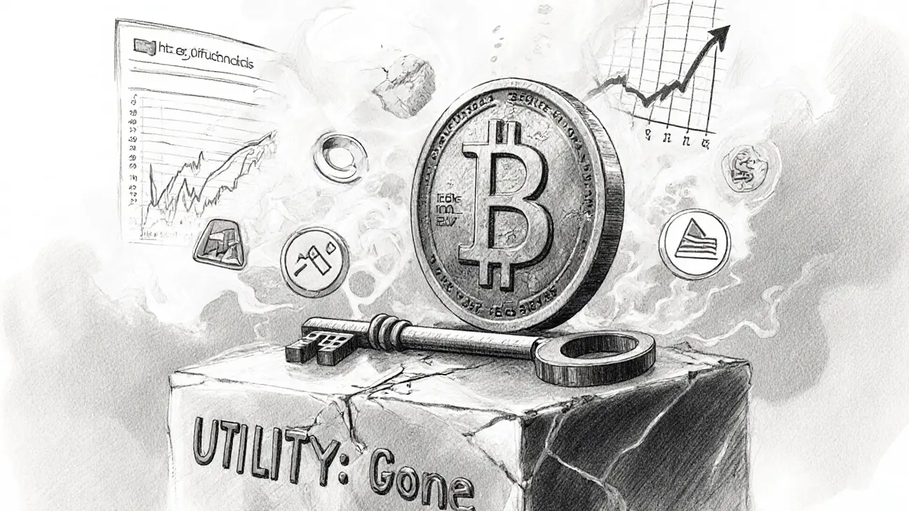 Worn BRUSH token key resting on cracked pedestal, surrounded by dissolving utility icons