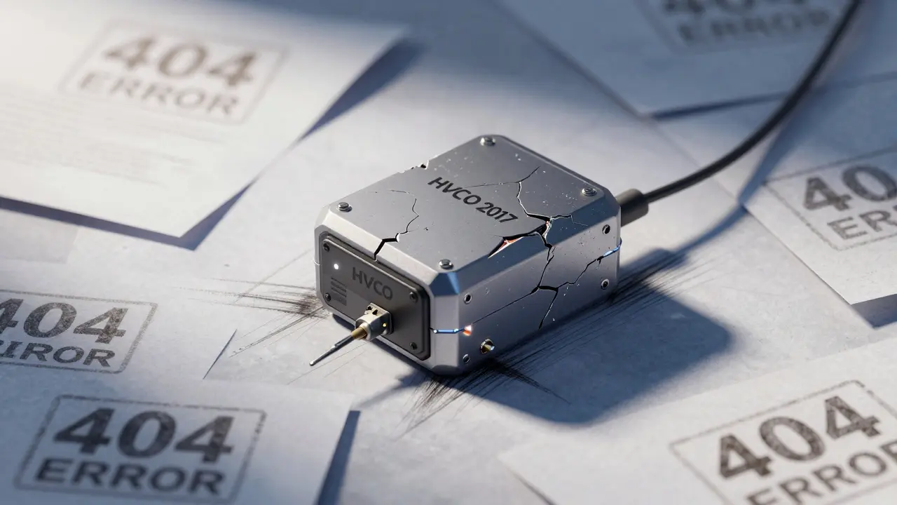 A cracked HVCO blockchain node device with disconnected wires and a flickering LED.