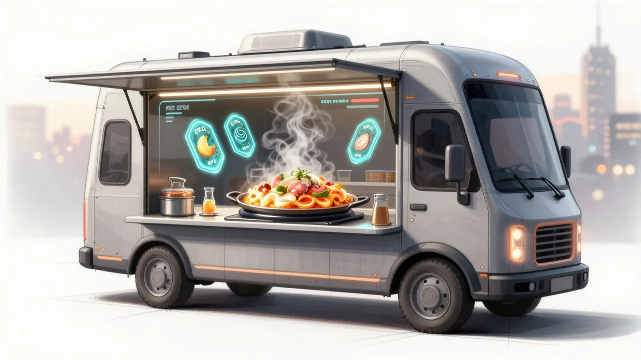 A food truck with digital recipe interface displaying floating NFT ingredients.