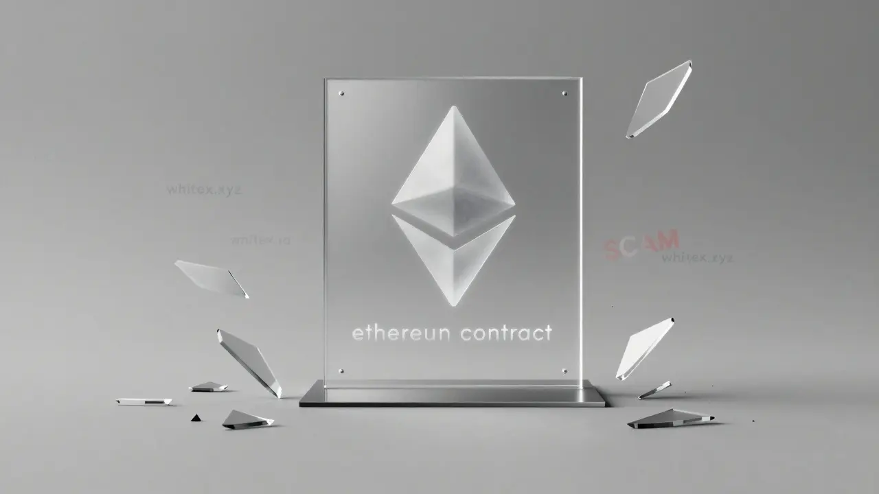 A ghostly token above an empty contract address, surrounded by fake website shards in graphite sketch.