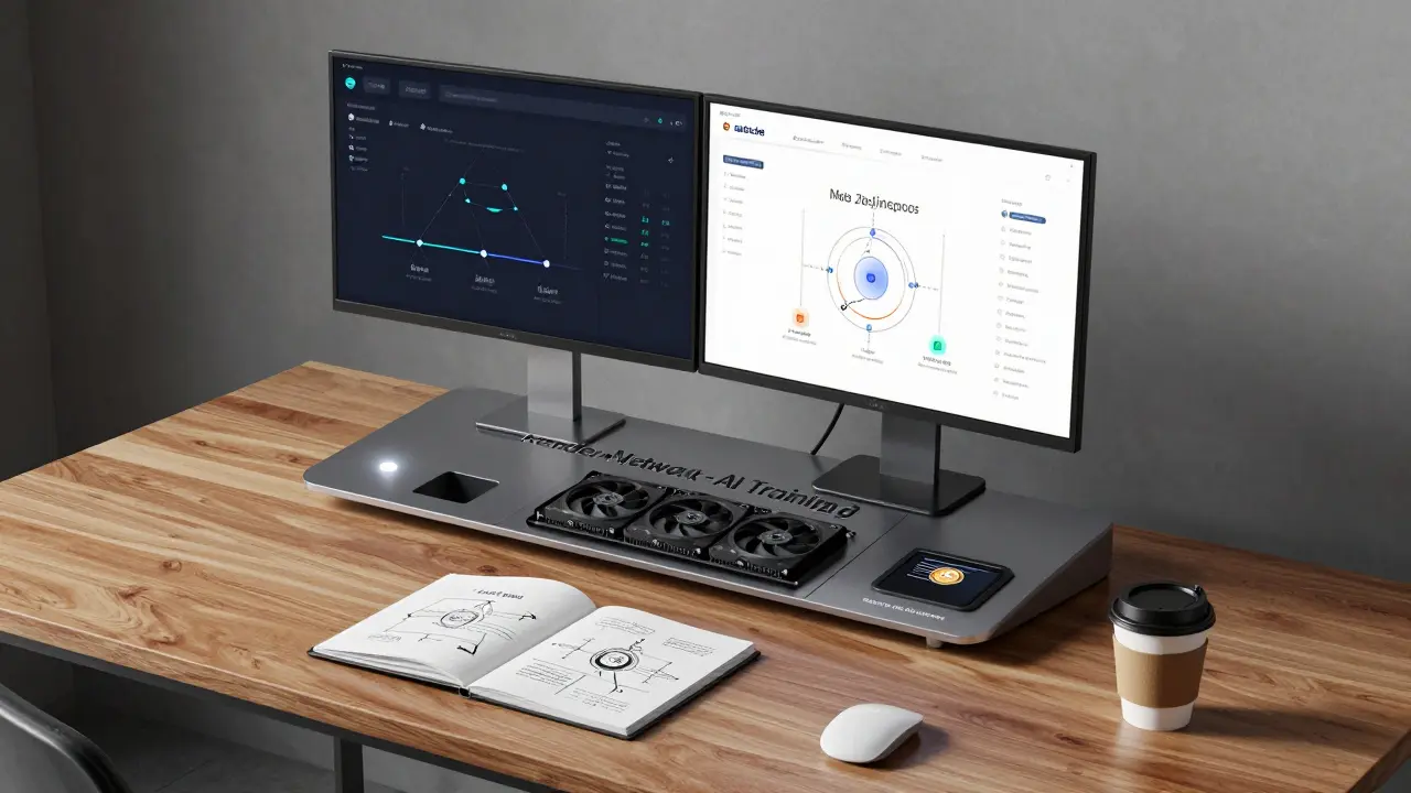 A minimalist desktop station with GPU module, dual screens showing node metrics, and token wallet slot.