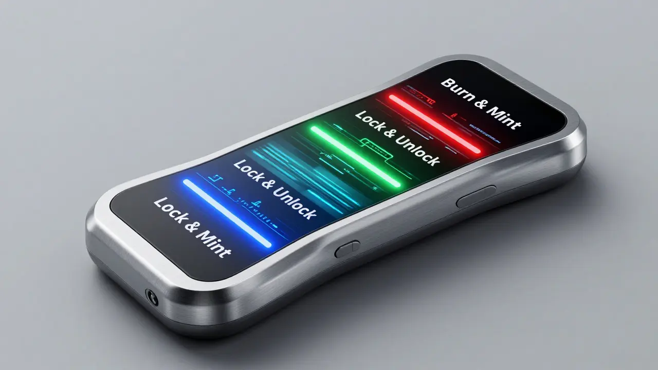 A modular terminal with three illuminated panels showing bridge types in sleek design.