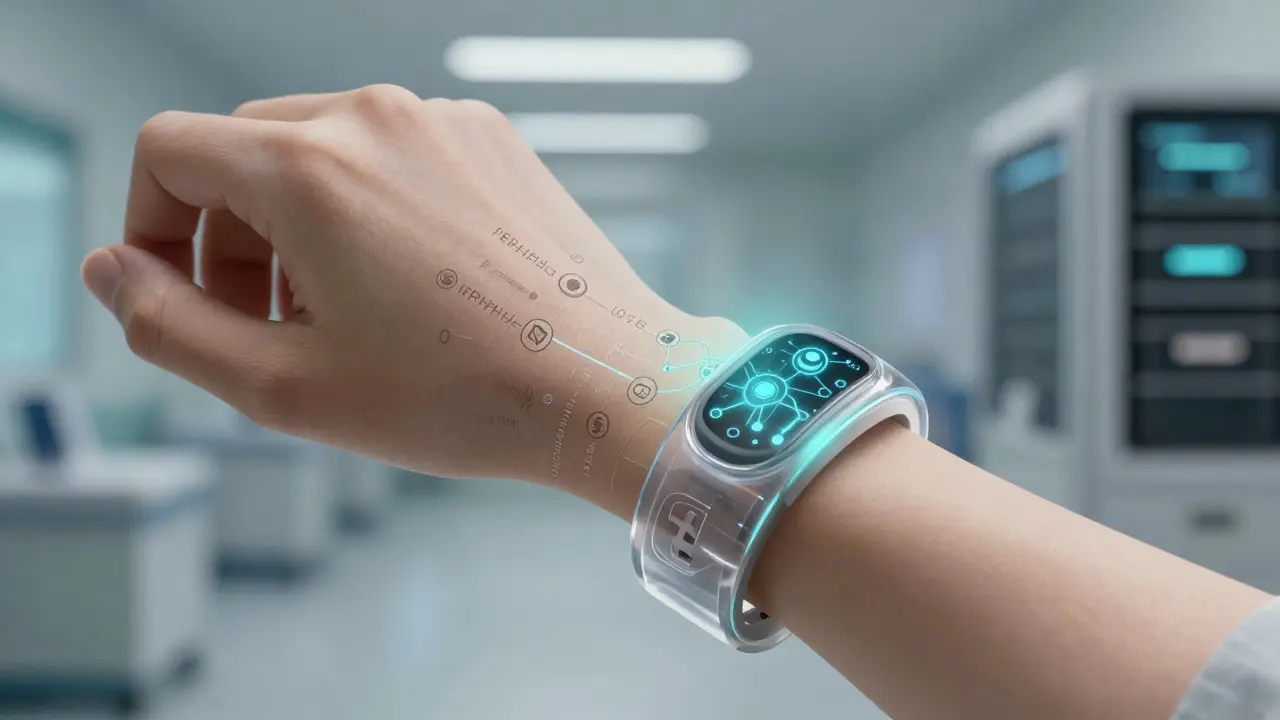 A transparent AI bracelet with internal node network, worn over a medical wristband, emitting soft cyan light.
