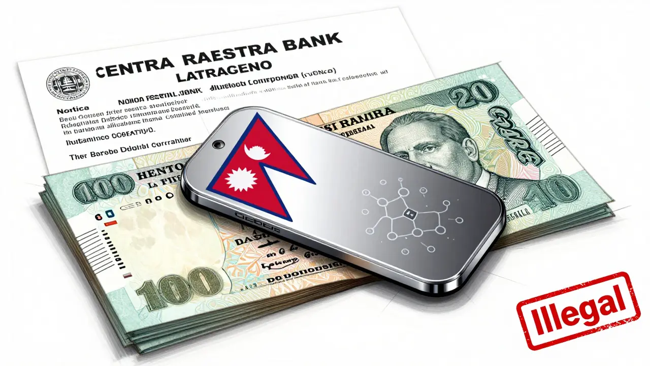 CBDC wallet token beside old banknotes and official ban notice, drawn in precision design style.