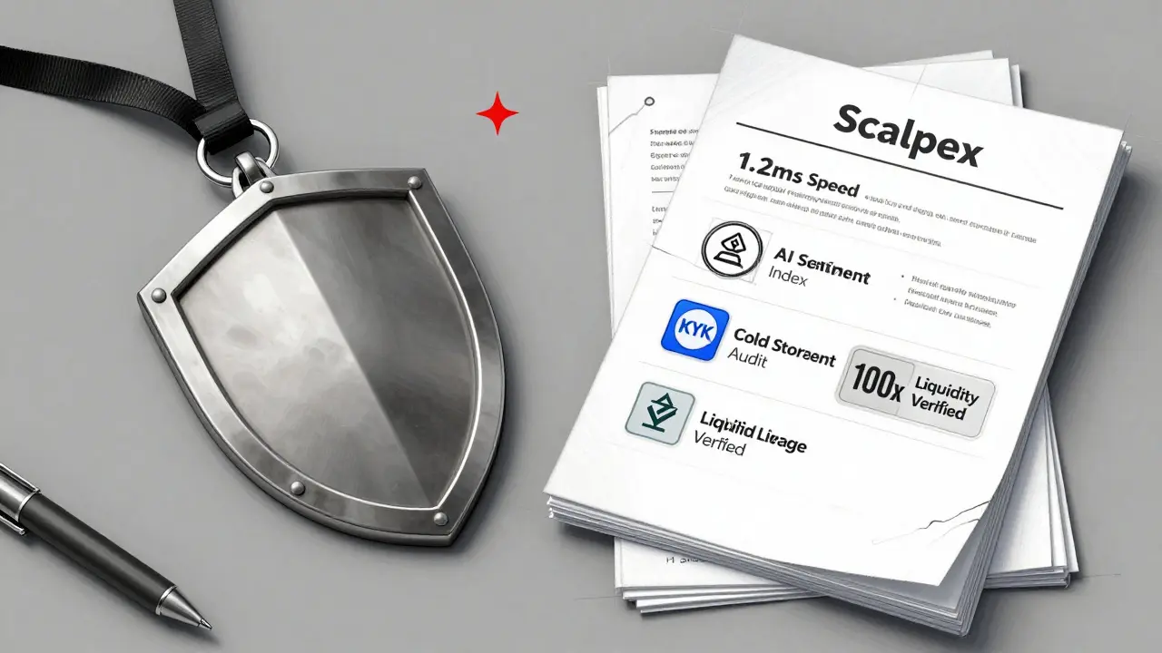 Contrasting security badges: empty shield for Scalpex vs certified badges for verified exchanges