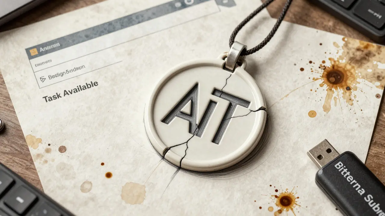 Cracked AIT token on a dusty desk with faded manual and USB drive