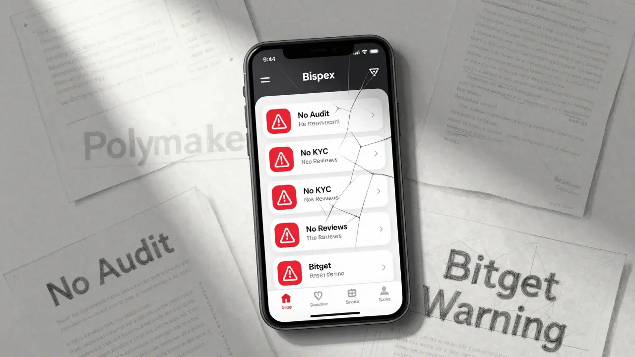 Cracked phone screen with Bispex app and warning labels, light falling on Polymarket in background.