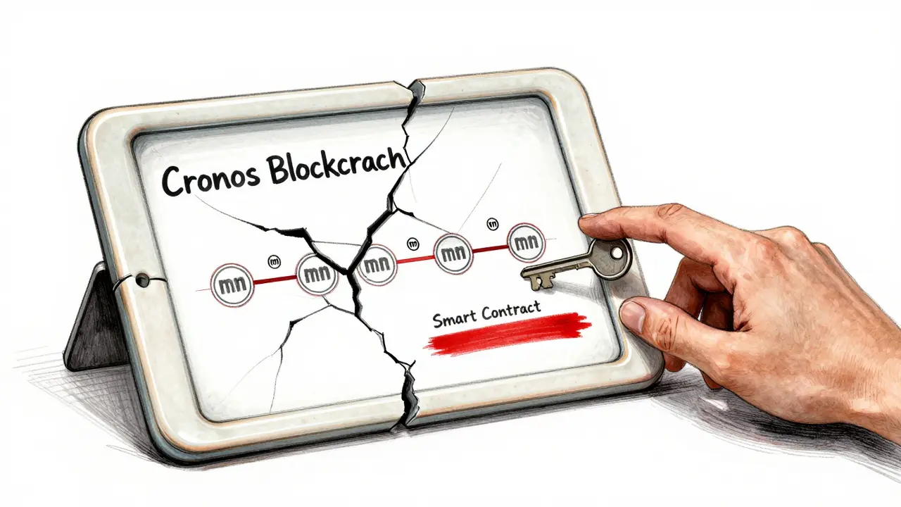 Cracked tablet showing blockchain transactions, with MM tokens escaping through fractures.