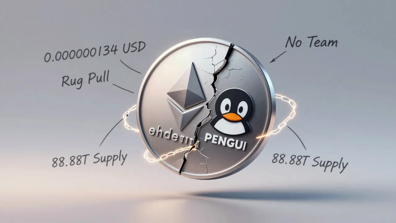 Cracked token showing real vs fake Pudgy Penguins logos with blockchain chains.