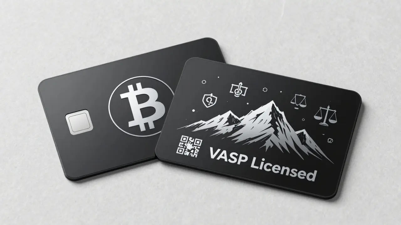 Dual-function crypto wallet card with VASP license badge and Georgian motif