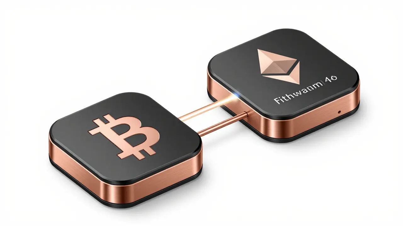 Dual-layer device comparing Bitcoin and Ethereum block systems with connecting bridges.