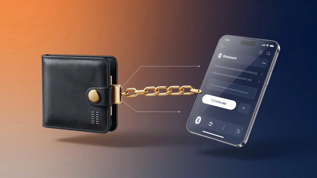 Dual wallet concept: hardware device connected to a transparent web wallet via golden chain.