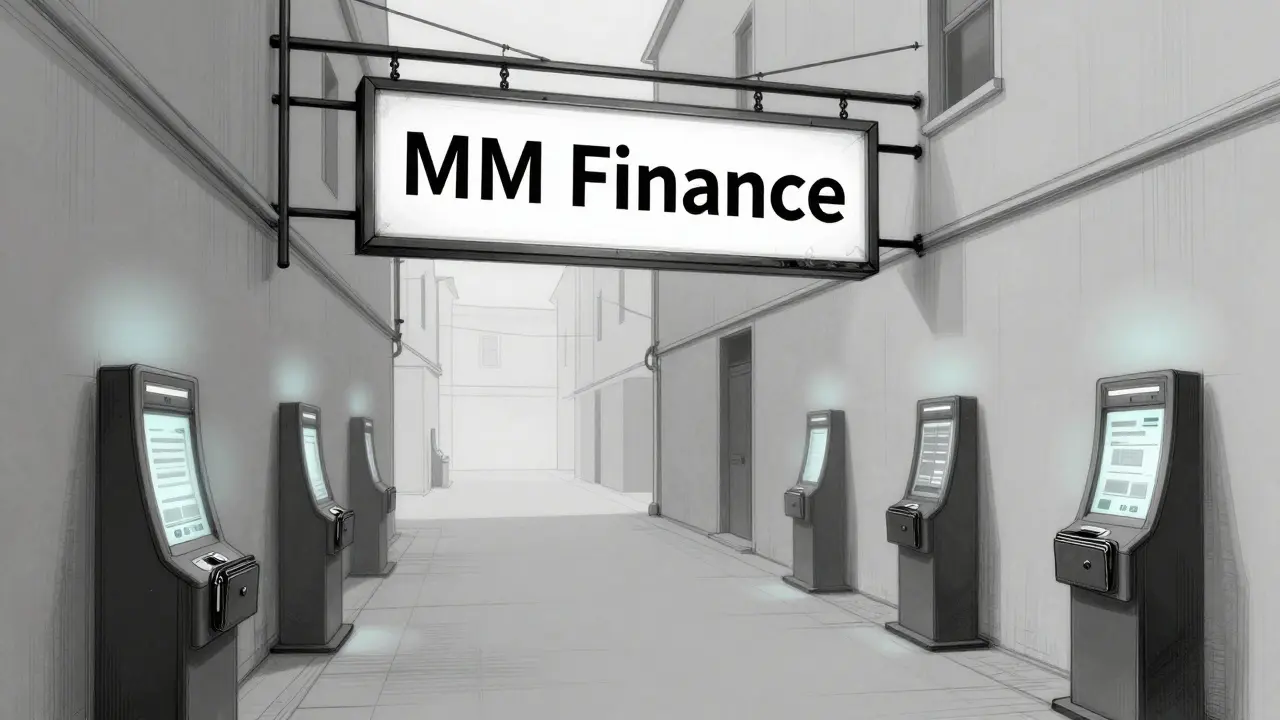 Faded &#039;MM Finance&#039; sign in an alley, shadowy users interacting with hidden digital terminals.