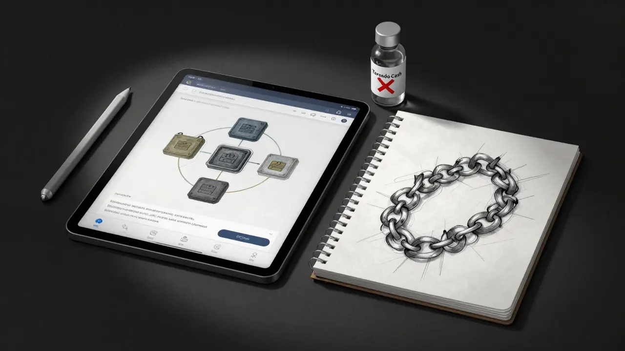 Forensic toolkit with blockchain explorer tablet, peel chain sketch, and labeled mixer vial.
