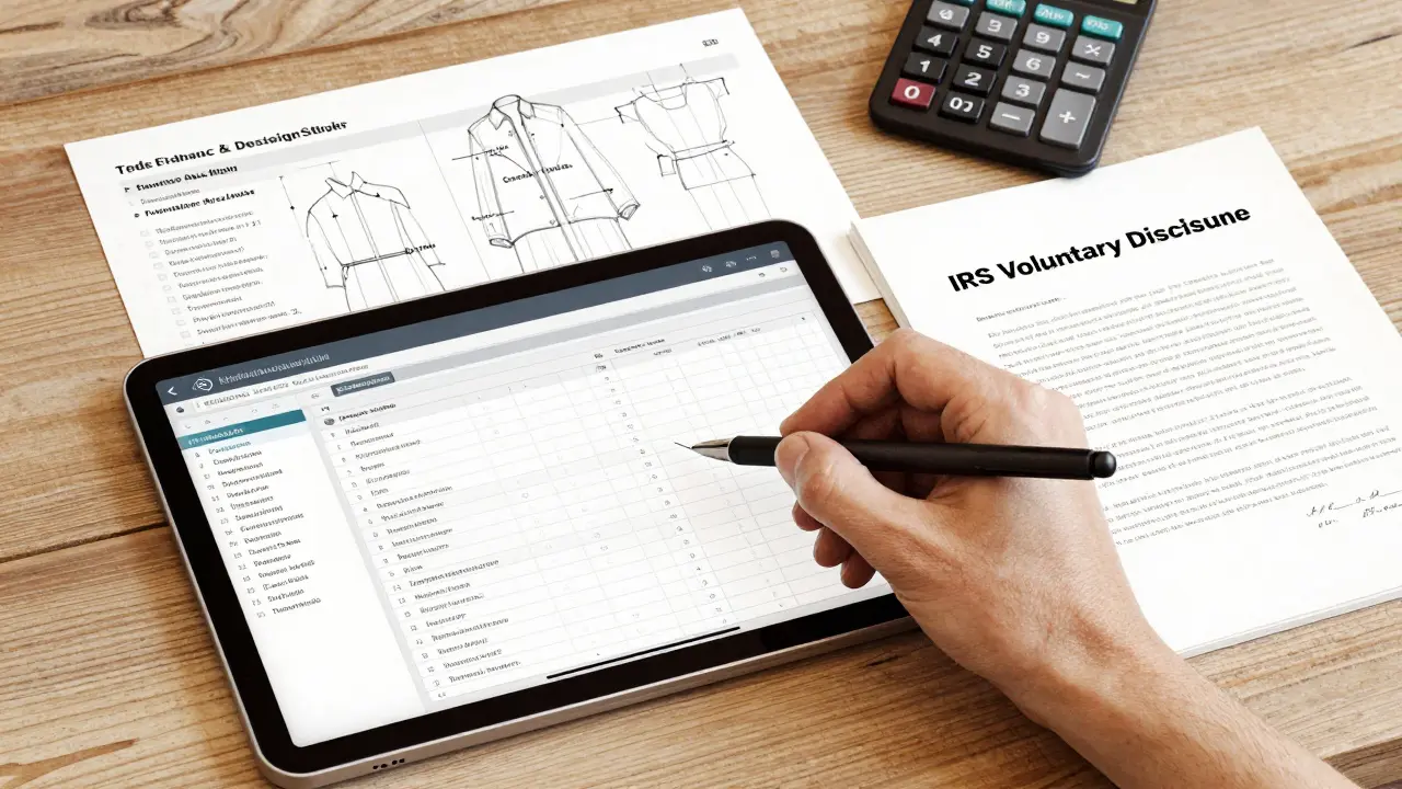 Forensic toolkit with ledger, blockchain printout, and legal brief in sepia ink and watercolor.