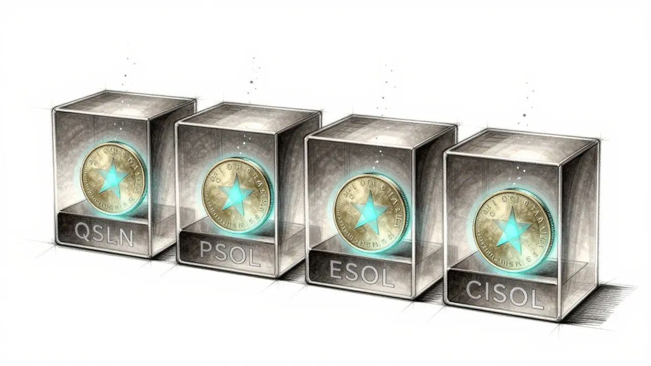 Four transparent ETF product boxes with glowing Solana tokens and staking particles inside, arranged diagonally.