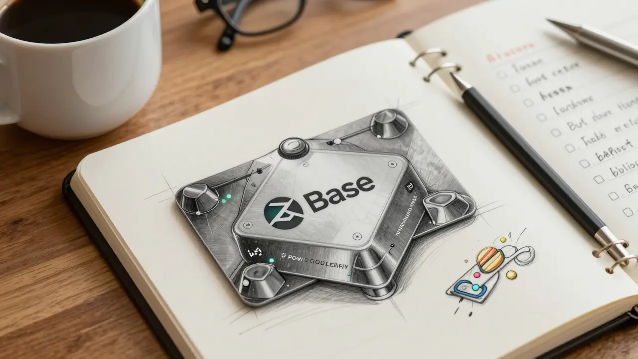 Futuristic loyalty card shaped like a blockchain node on a wooden desk