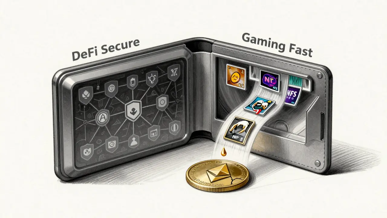 Futuristic wallet design with sliding panels for DeFi security and gaming speed modes