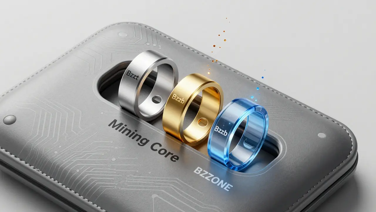 Futuristic wallet interface showing Bzzt and Bzzb tokens being inserted into a mining slot.