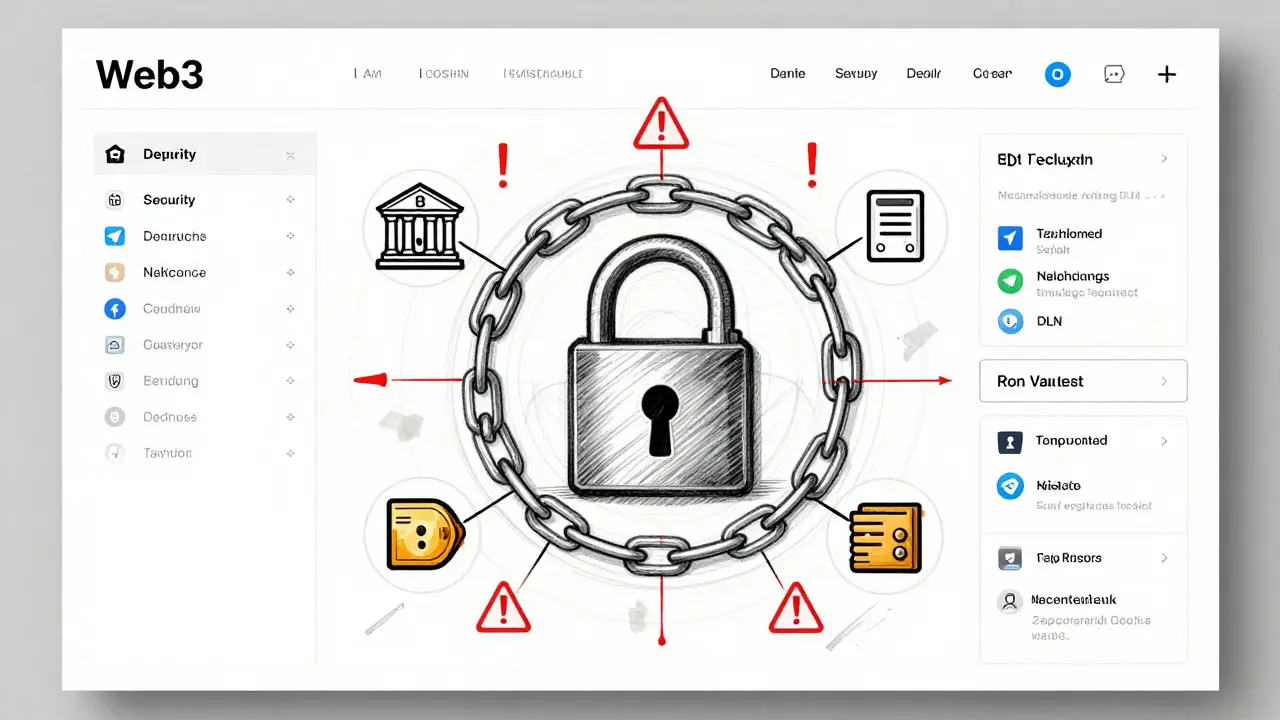 Hand-drawn Web3 security dashboard with DLN padlock and fake airdrop warnings