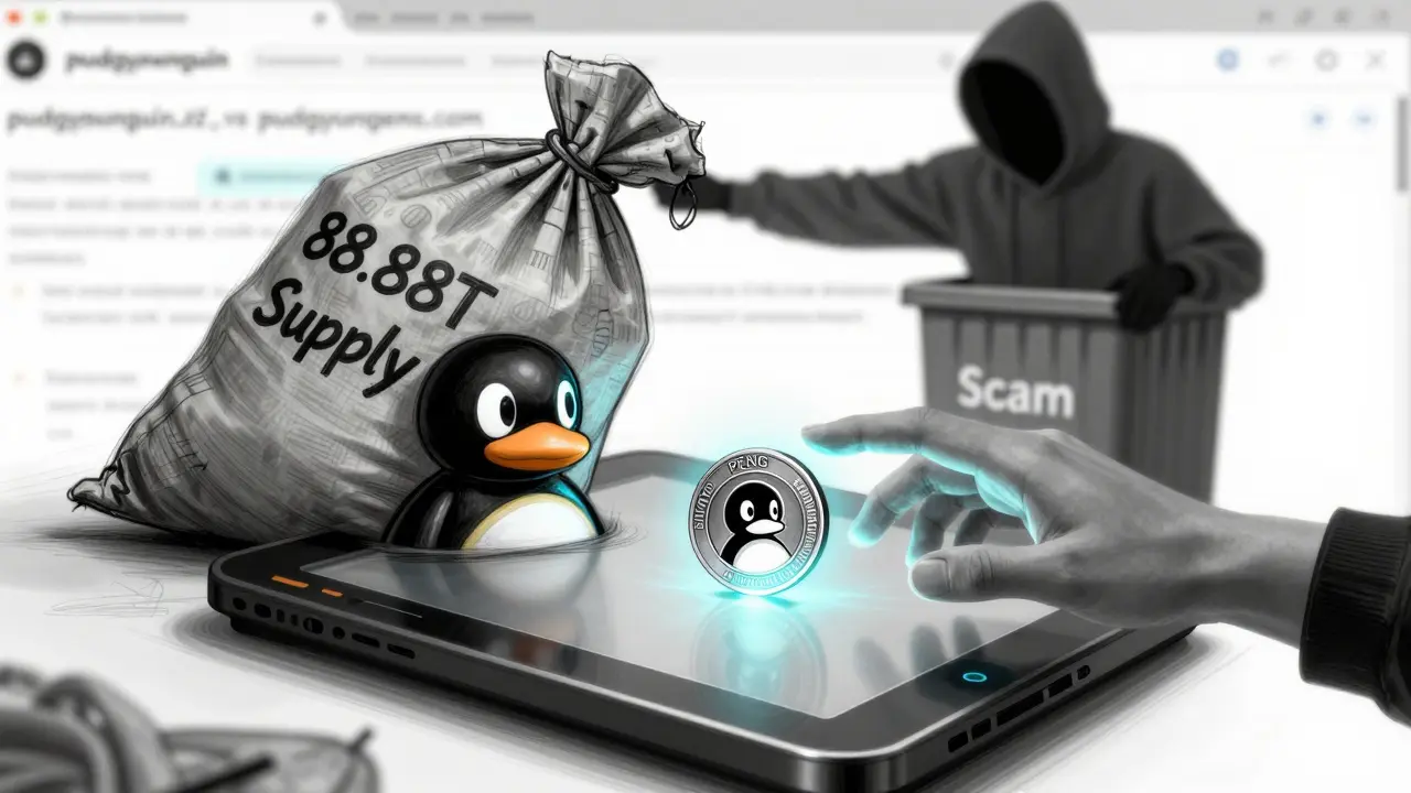 Hand reaching for scam token while shadow dumps trillion supply into trash bin.